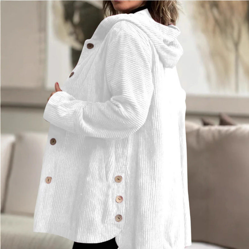 Ladies Cozy Corduroy Jacket with Hood and Button Closure Lune London