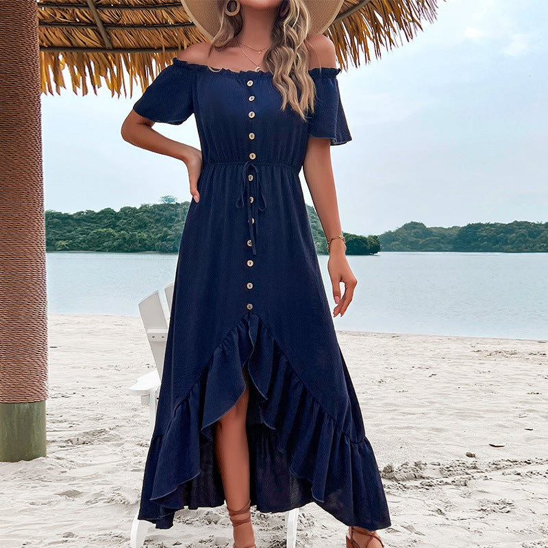 Maxi dress with off-the-shoulder neckline, button closure, and ruffled trim Lune London