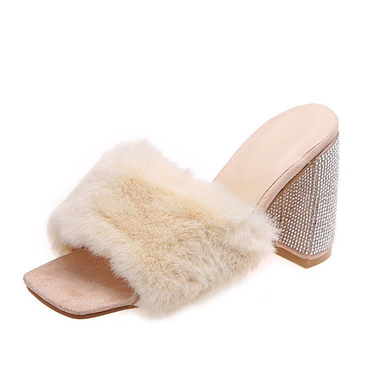Glamorous mules for ladies with soft faux fur and sparkling heel Lune London