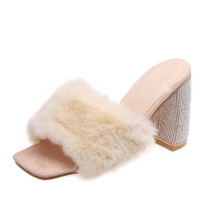 Glamorous mules for ladies with soft faux fur and sparkling heel Lune London