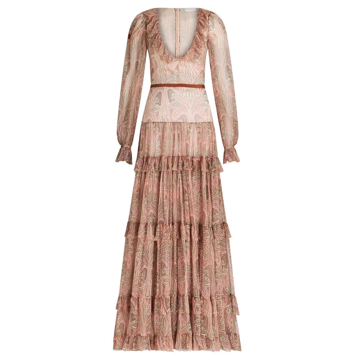 Maxi dress for women with ruffled fabric and elegant V-neck Lune London