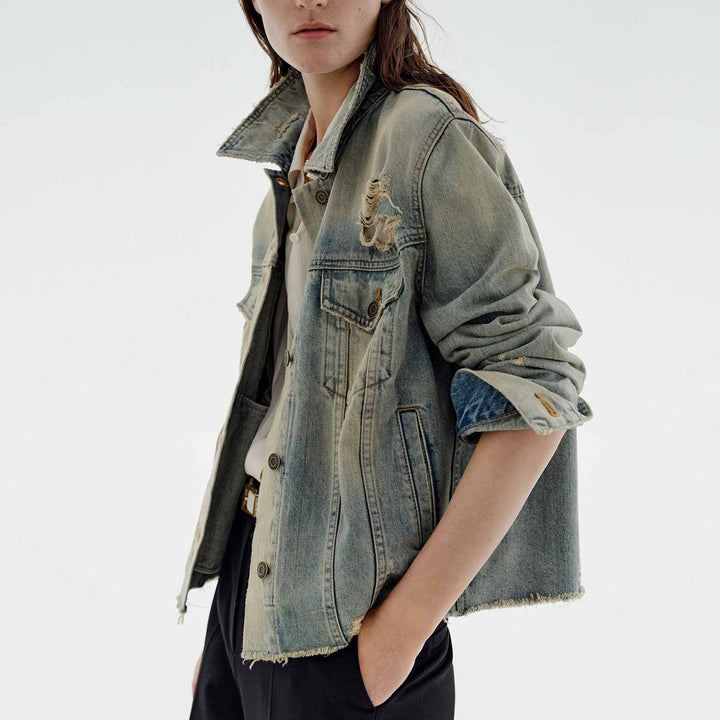 Women's fashionable denim jacket in vintage style with casual cut and frayed details Lune London