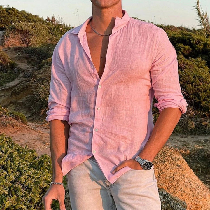 Linen shirt for men with modern stand-up collar and casual button placket Lune London