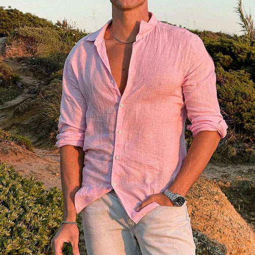 Linen shirt for men with modern stand-up collar and casual button placket Lune London