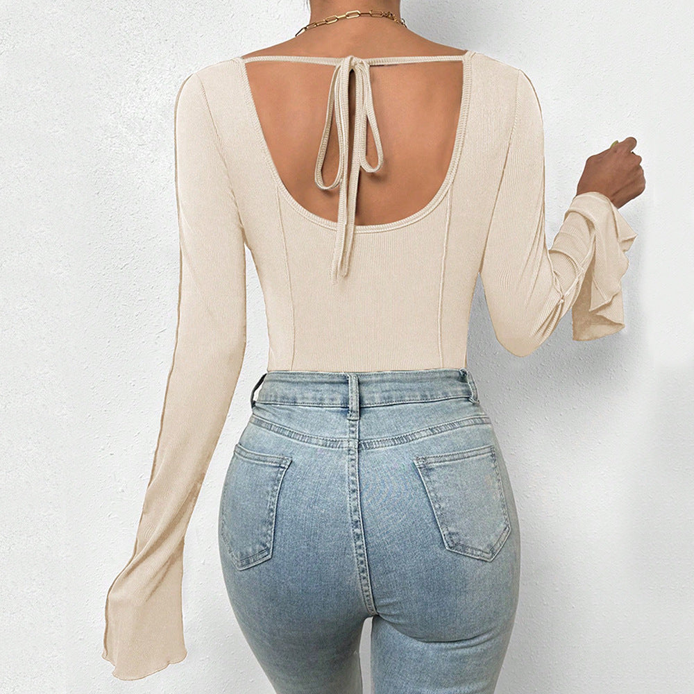 T-shirt à manches longues pour femmes avec décolleté carré et design en côtes élastiques Chic & Stil