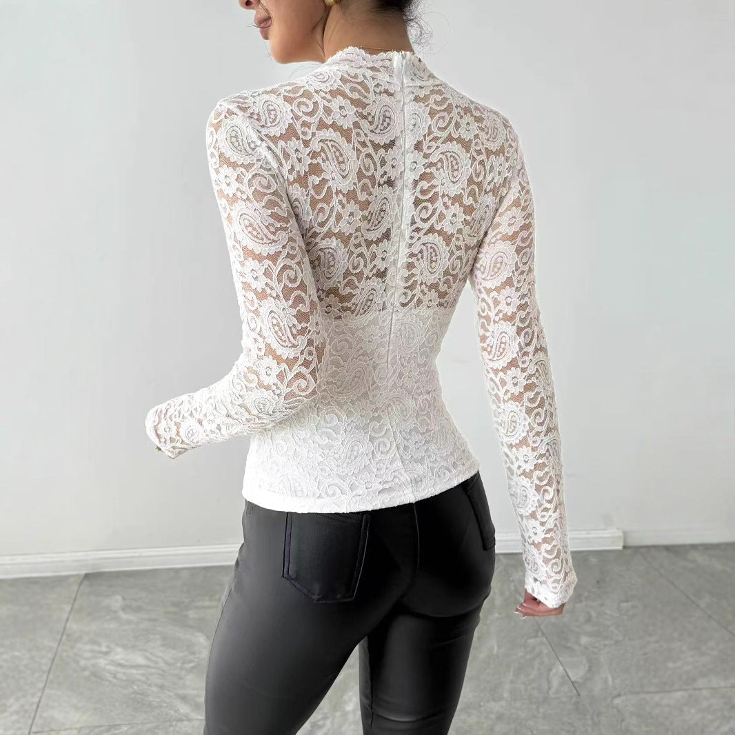 Women's Lace Shirt with Elegant High Collar and Long Sleeves Lune London