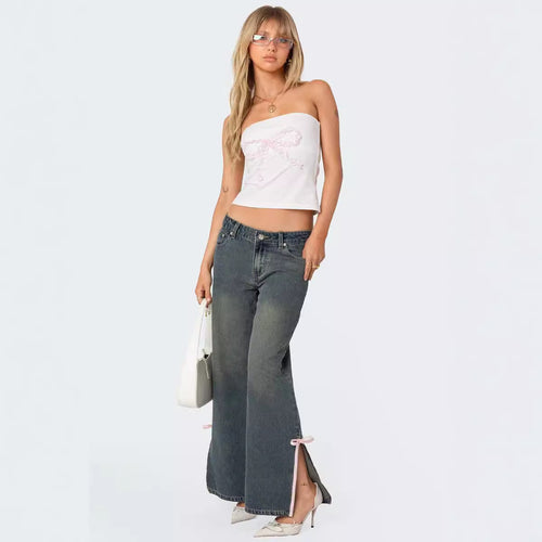 Women's High Waist Denim Pants with Fashionable Bow Details Lune London