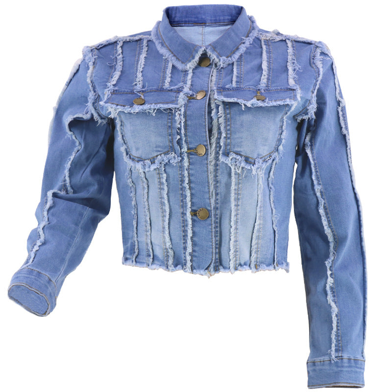 Cropped denim jacket for women with frayed details and trendy contrasting seams Lune London