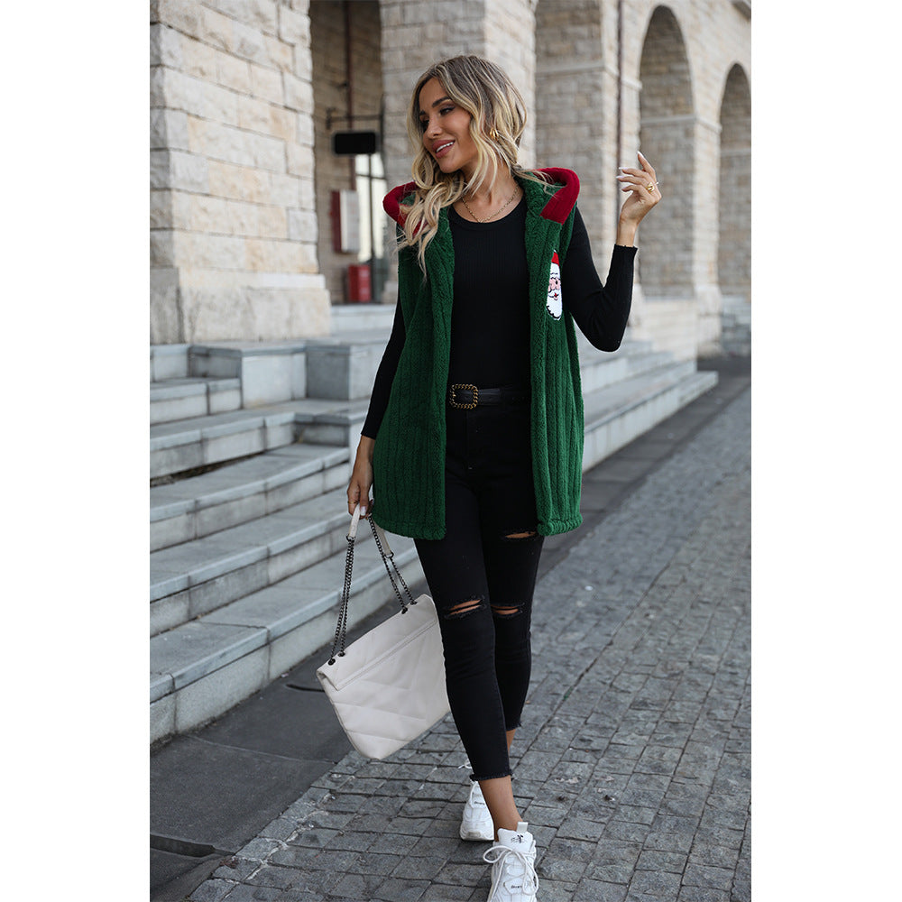 Ladies Cozy Fleece Hooded Vest with Chic Festive Embroidery and Style