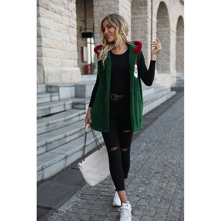 Ladies Cozy Fleece Hooded Vest with Chic Festive Embroidery and Style