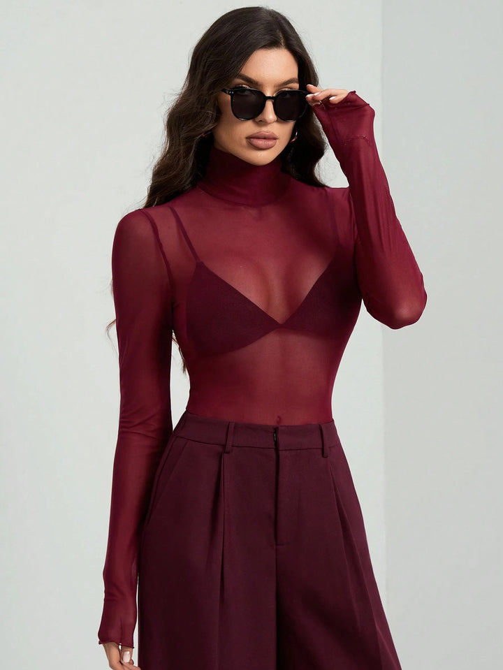 Women's Transparent Turtleneck Blouse with Shaping Cut Lune London