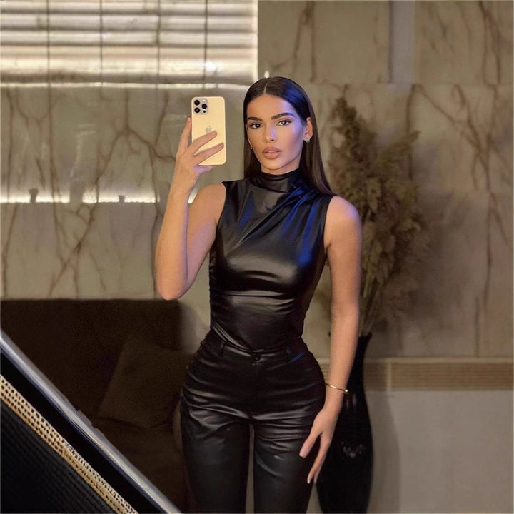 Ladies Elegant Top in high-quality faux leather with asymmetrical cut Lune London