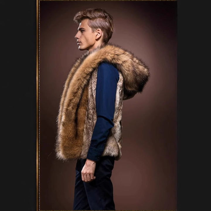 Men's Elegant Faux Fur Coat with Deep Collar and Luxurious Chic Design