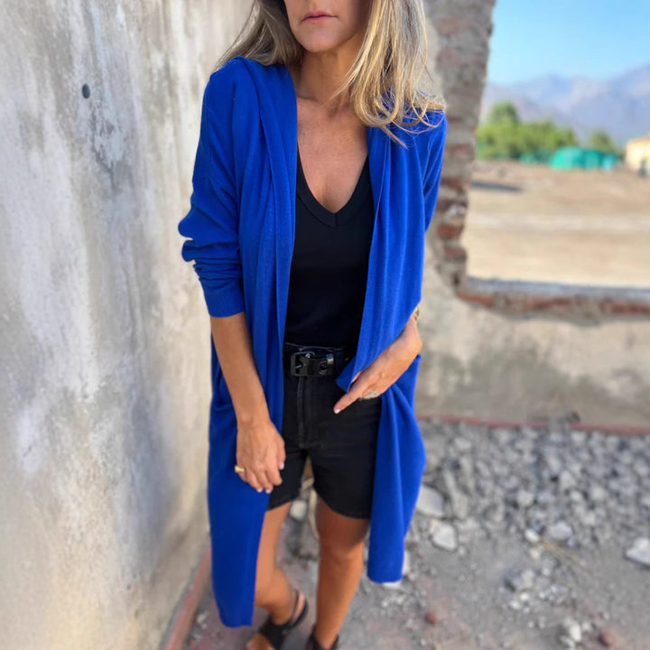 Ladies Long Knit Cardigan with Open Front and Practical Pockets Lune London