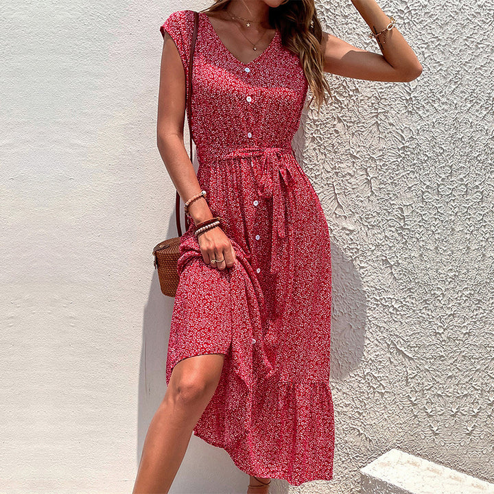 Maxi button-up dress for women with tie belt floral print Lune London
