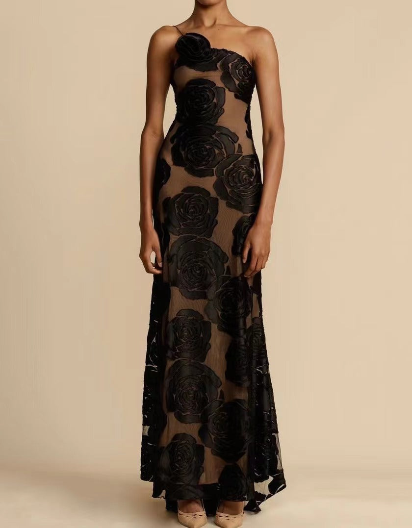 Women's Elegant Maxi Dress with Floral Sheer Design and Slim Straps