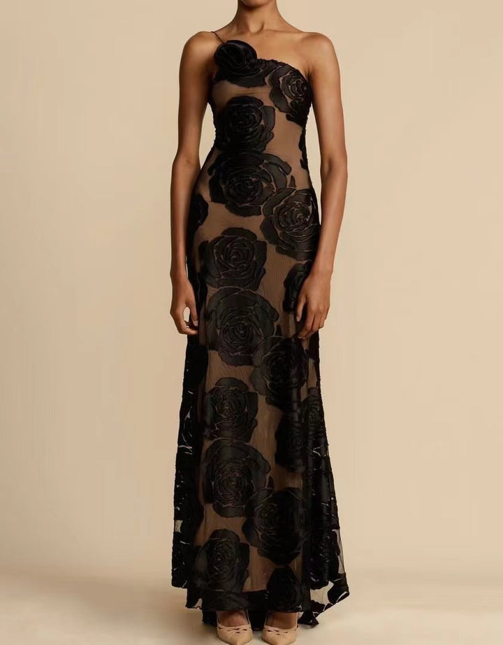 Women's Elegant Maxi Dress with Floral Sheer Design and Slim Straps