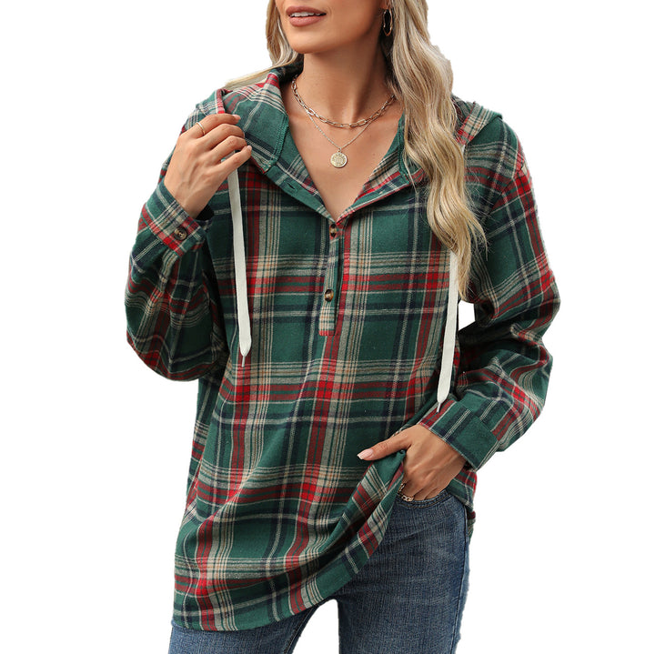 Ladies Checked Overshirt with Hood and Button Details Lune London
