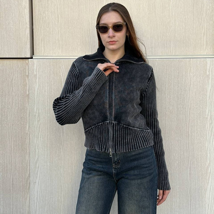 Women short sleeve cardigan with zipper and ribbed structure Lune London