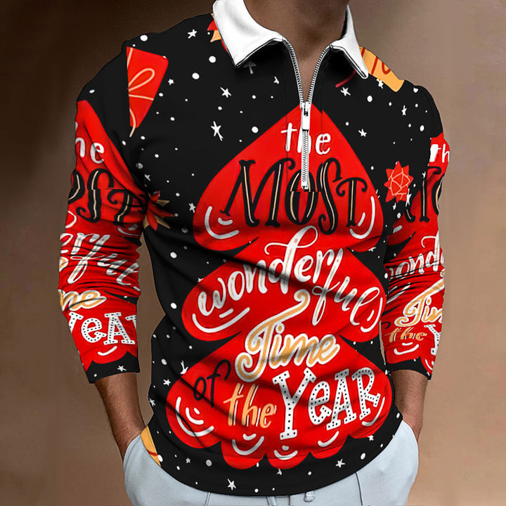 Men's Long Sleeve Polo with Festive Christmas Pattern Lune London