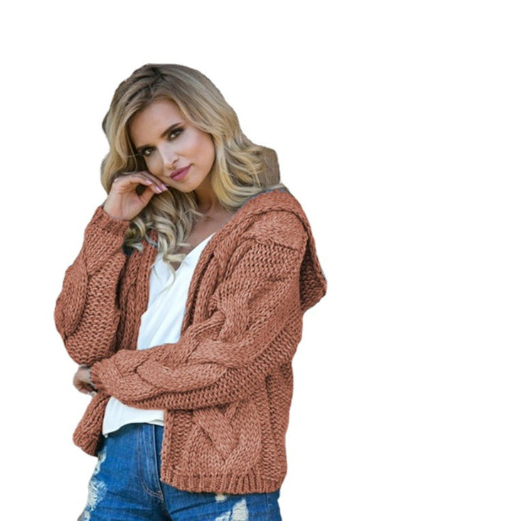 Women's knitted jacket with hood and modern braiding pattern Lune London