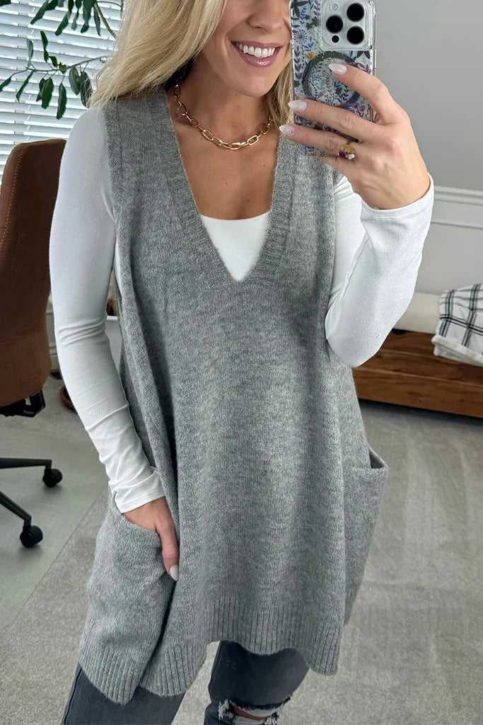 Ladies Knitted Fashion Vest with V-Neck and Practical Pockets Lune London