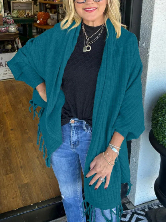 Ladies versatile poncho with fringes Lune London