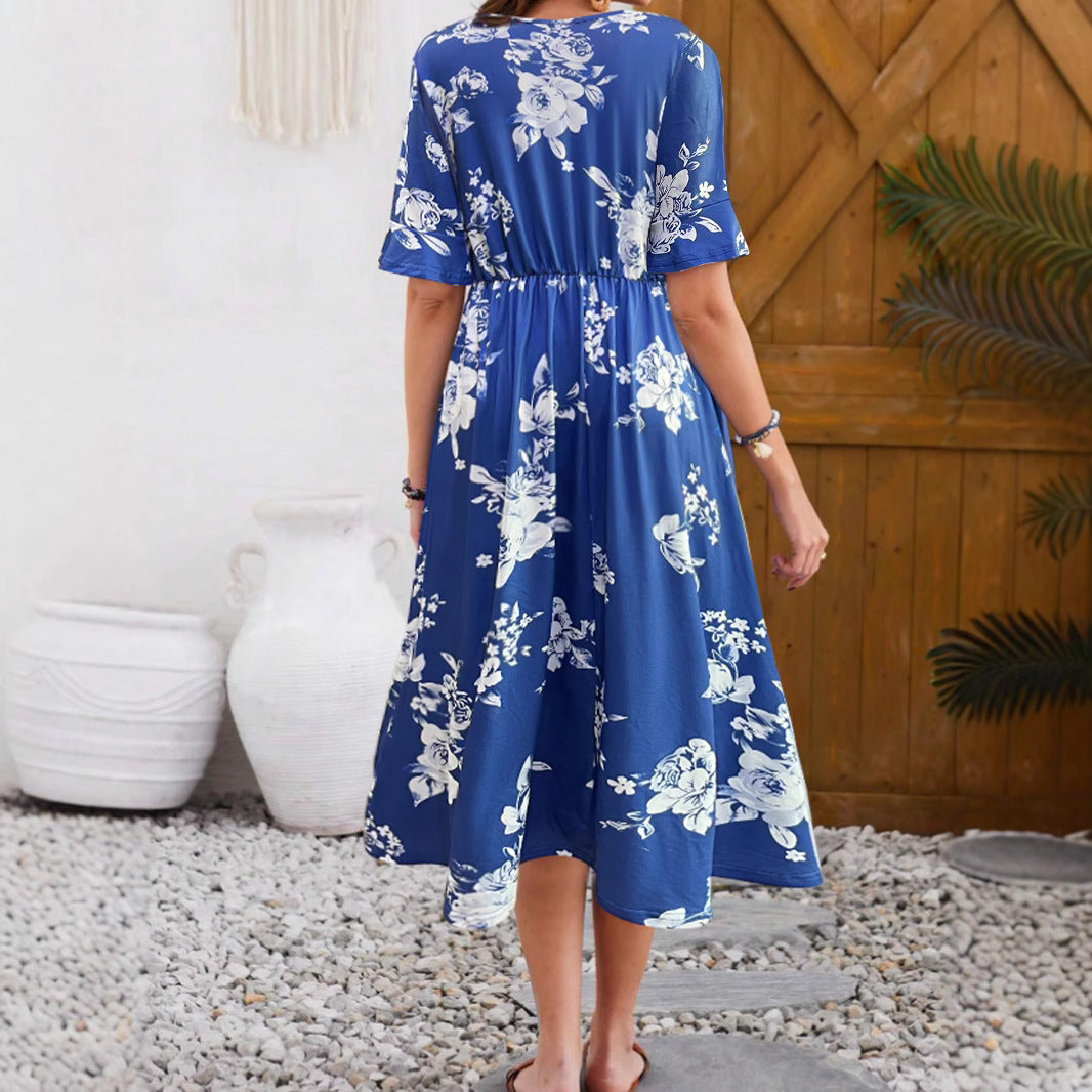 Midi dress for women with floral pattern and elastic waist cord Lune London