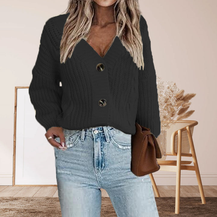 Ladies chunky knit cardigan with structured pattern and trendy button details Lune London