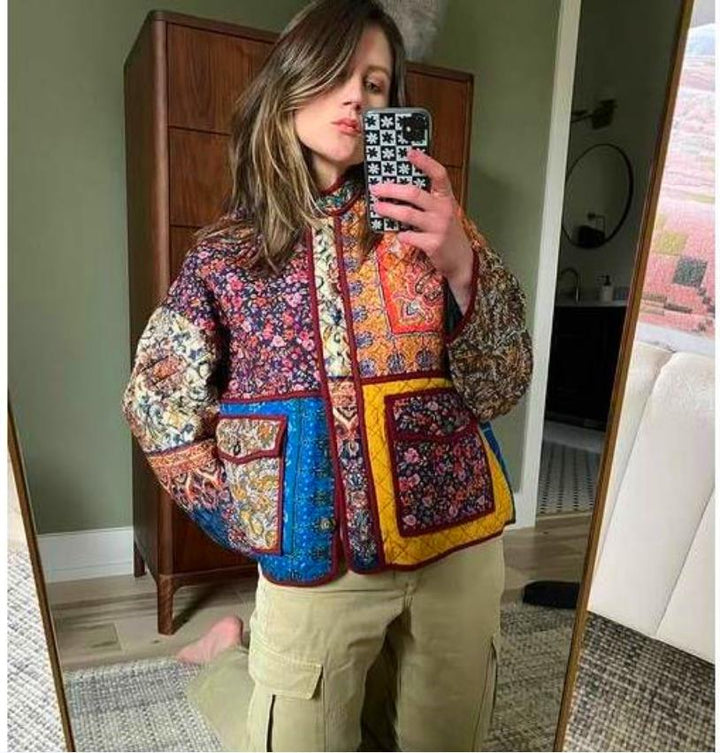 Quilted jacket for women with a colorful patchwork design and practical pockets Lune London