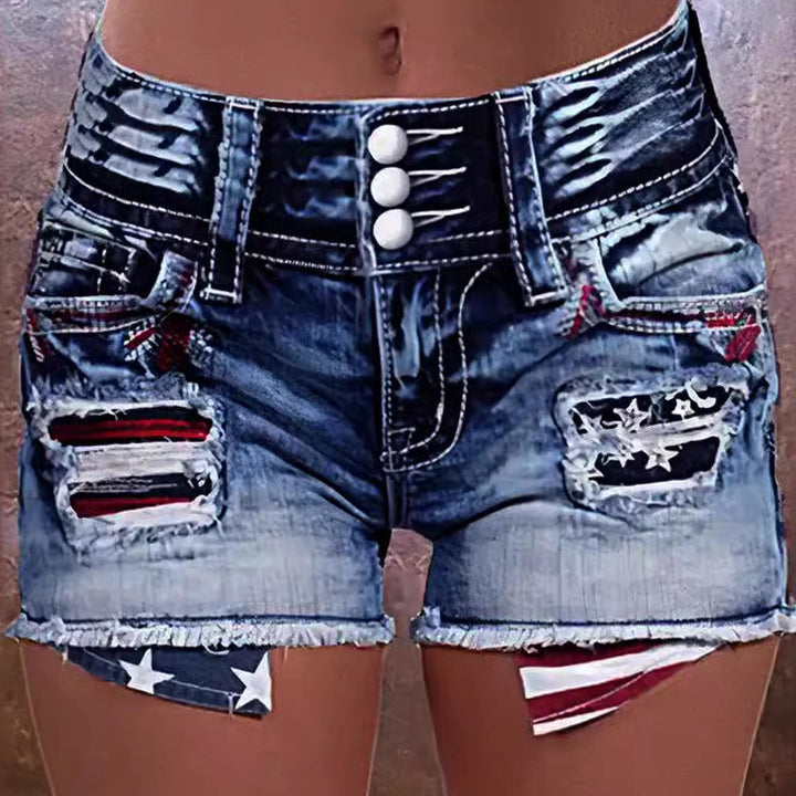 Women's cargo shorts with stylish tear details and patriotic applications Lune London