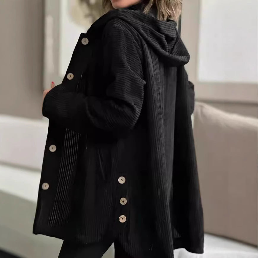 Ladies Fleece-Hoodie-Coat with button placket and ribbed design Lune London