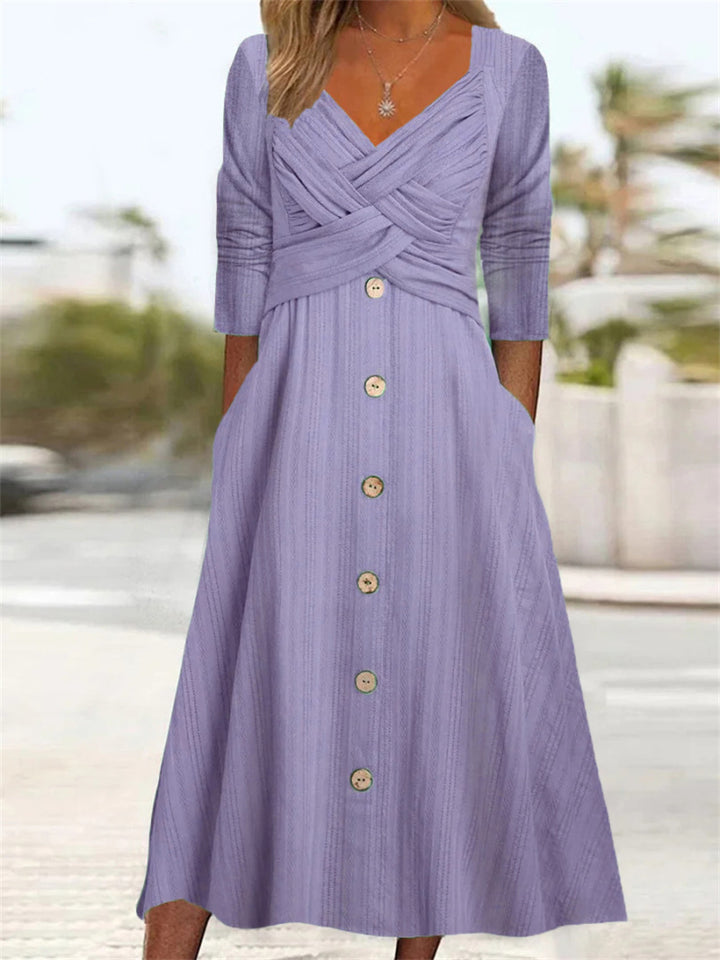 Maxi button dress for women with crisscross top detail Lune London