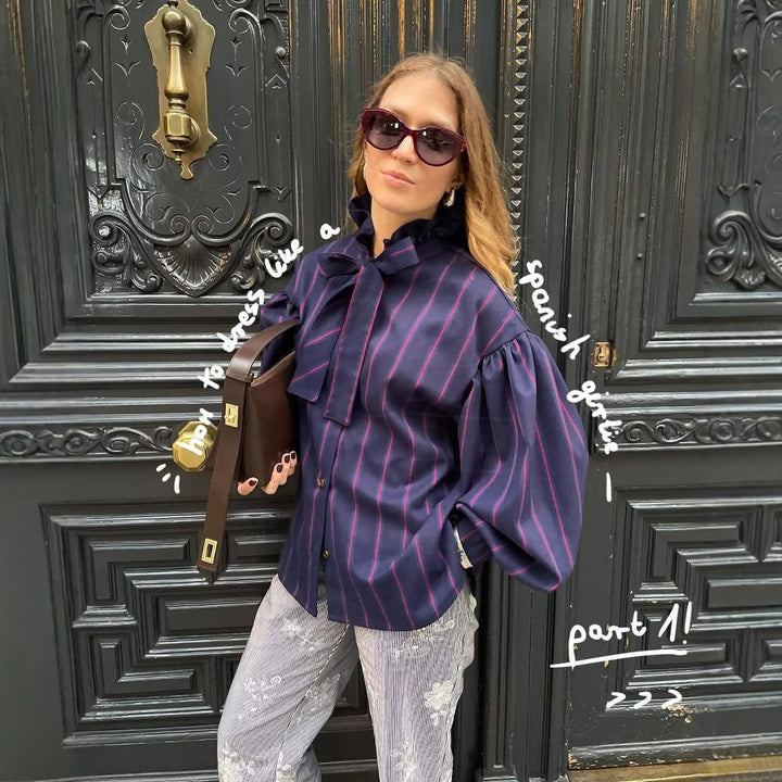 Long sleeve shirt for women with a striped design and a ruffled collar Lune London