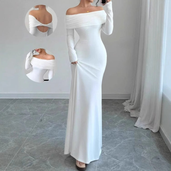 Ladies Elegant Maxi Dress Off-Shoulder with Long Sleeves and Chic Draped Top