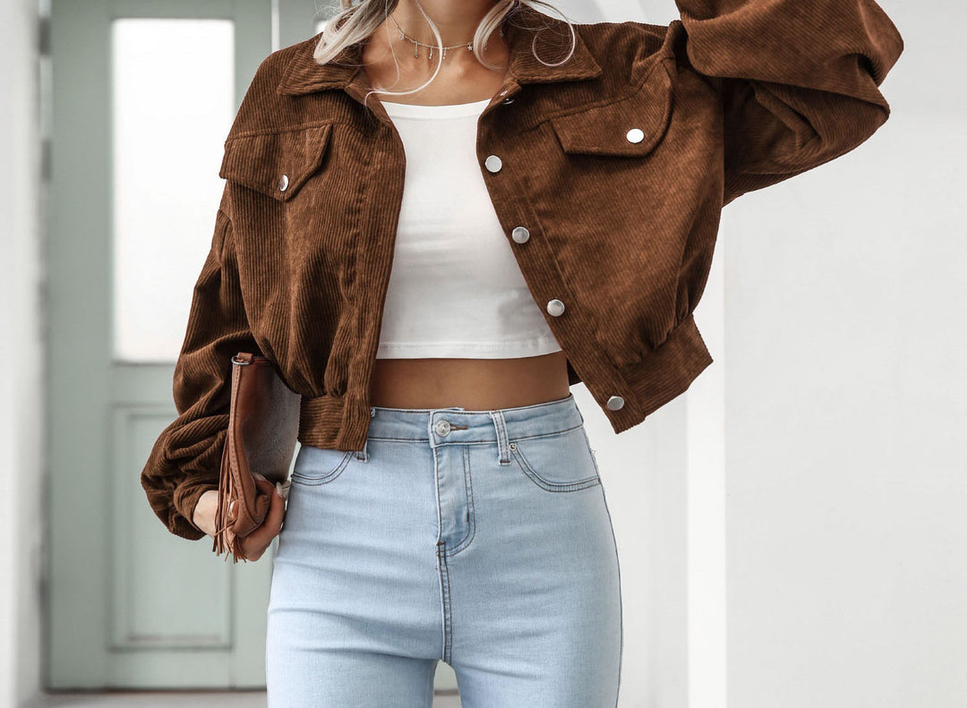 Corduroy jacket for ladies with voluminous sleeves and button details Lune London