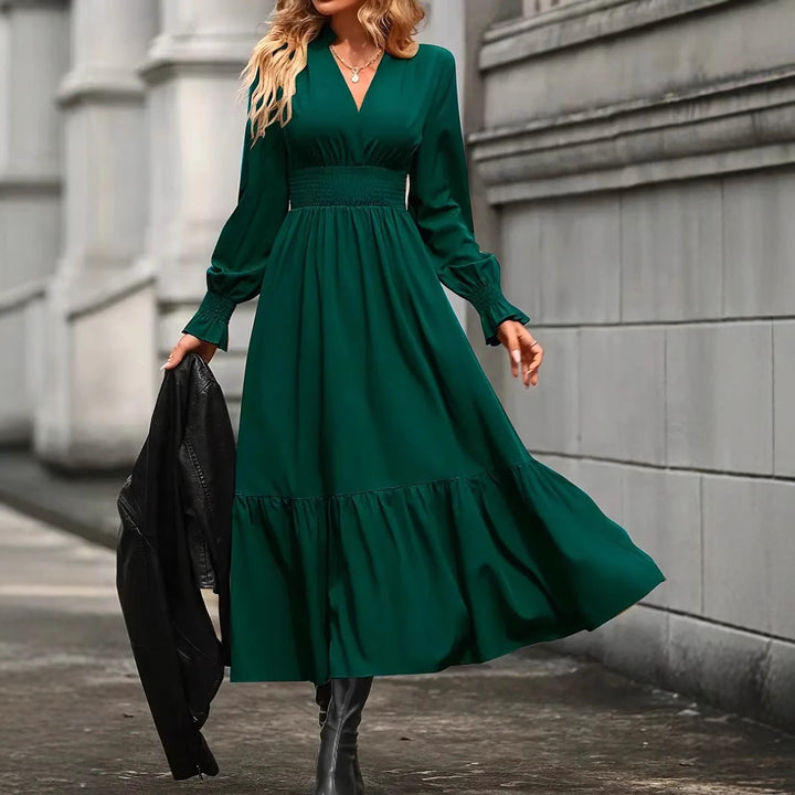 Maxi dress for women with an elegant V neckline and voluminous sleeves Lune London