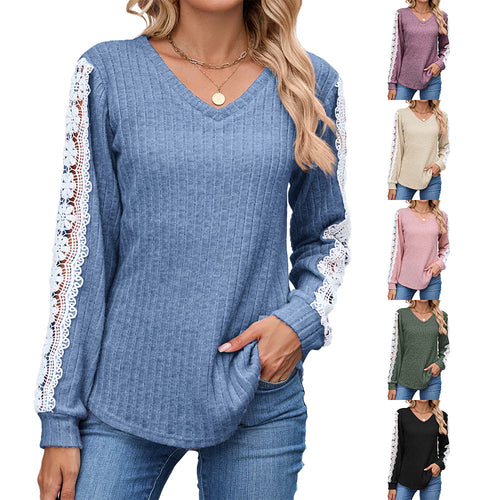 Ladies V-Fitted Sweater with V-Neck and Chic Lace Details