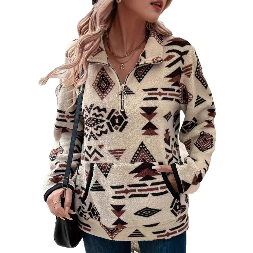 Fleece sweater for women with modern ethnic design and half zipper Lune London