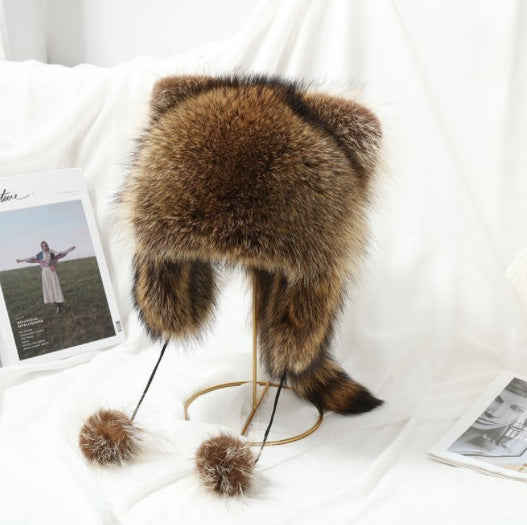 Women's Cozy Ear Hat Made Of Faux Fur with Side Pompoms Lune London
