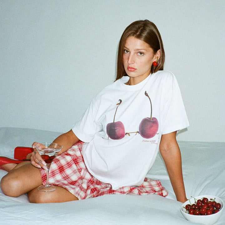 T-shirt for women with creative cherry pattern and casual cut Lune London