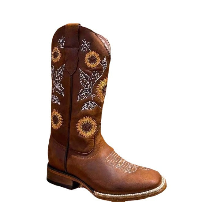 Women's cowboy boots with embroidered floral design and sturdy block heel Lune London
