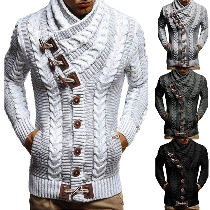 Men's chunky knit jacket with creative shawl collar and button details Lune London