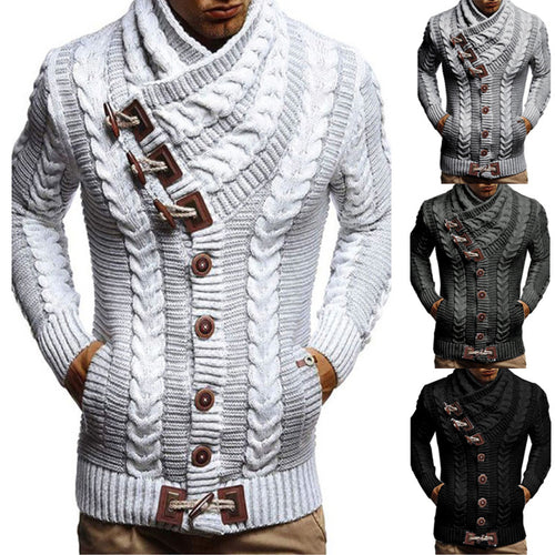 Men's chunky knit jacket with creative shawl collar and button details Lune London
