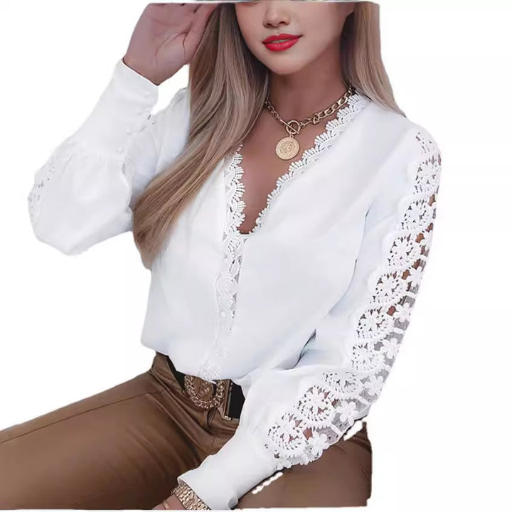 Elegant blouse for women with lace embellishments and V-neck Lune London