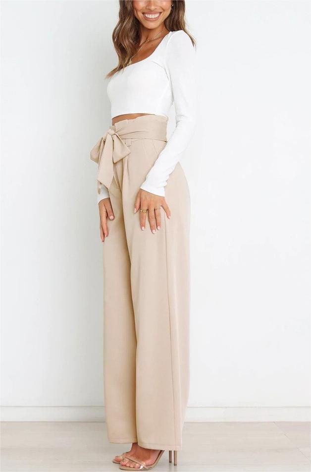 Women Wide Leg Pants with Decorative Tying Belt Lune London