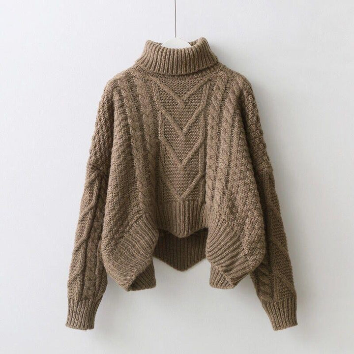Thick knit pullover for women with high collar and cable pattern Lune London