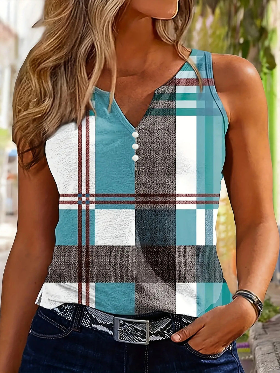 Sleeveless top for women with V-neck, decorative button detail, and modern plaid pattern Lune London