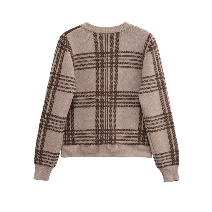 Women Plaid Knit Jacket with Button Placket and Round Neck Lune London