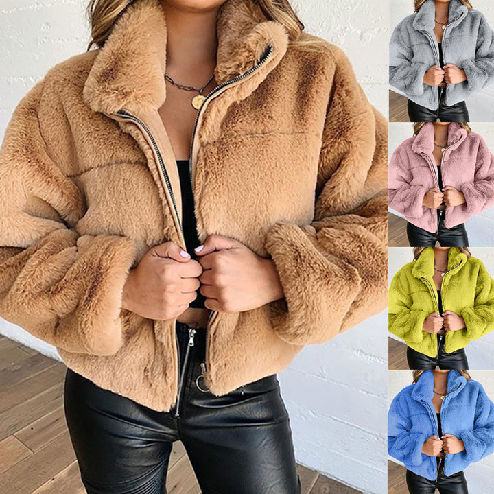Ladies Trendy Plush Coat with High Collar Lune London